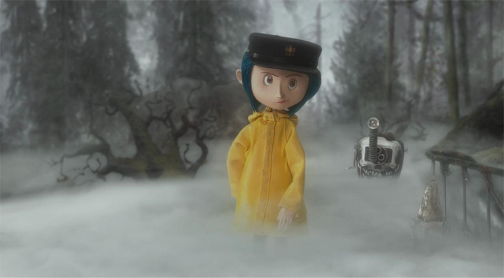 Stop animated girl with blue hair in yellow rain coat, surrounded by grey fog