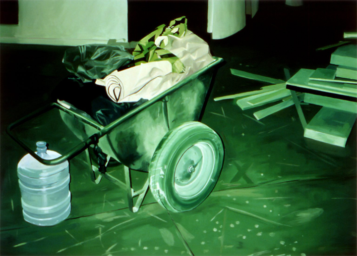 Wheel barrow and rubbish painted in lurid green