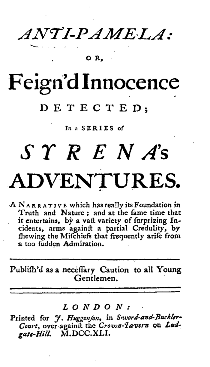 First edition title page of Eliza Haywood's 'Anti-Pamela'