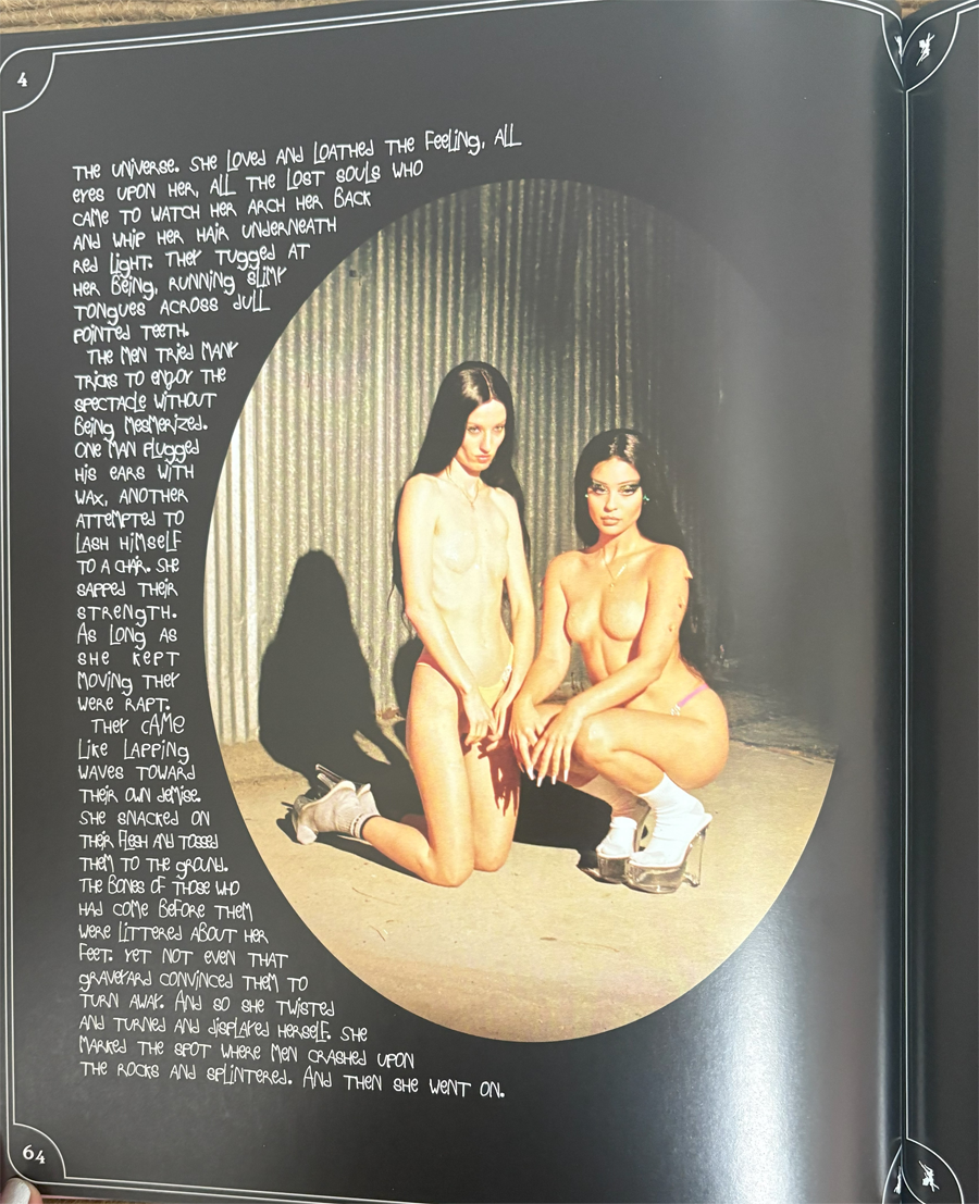 Page from 'Fairytales' where the text of a fairy tale is typeset around an
    image of two topless women