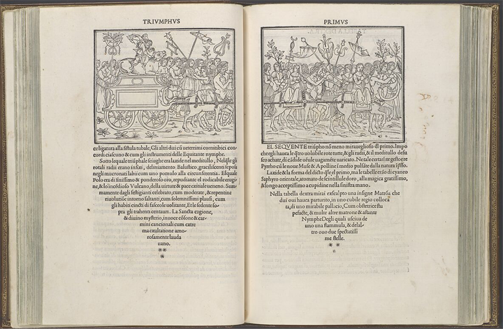 Spread from Hypnerotomachia Poliphili showing text set in a conical shape, and 
    woodcut erotic drawings