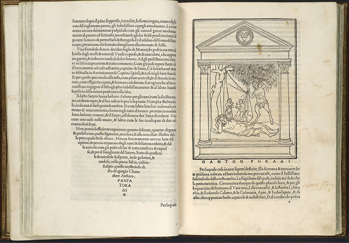 Spread from Hypnerotomachia Poliphili showing text set in a conical shape, and 
    woodcut erotic drawings
