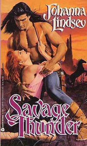 Cover of 'Savage Thunder' featuring a shirtless man and woman kneeling before him