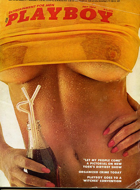 Playboy magazine cover where logo is printed on a tshirt and then photographed on a woman's body